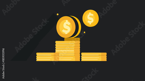 Stacked gold coins with dollar sign symbolizing financial growth savings investment and wealth accumulation in flat minimalist vector style on dark background