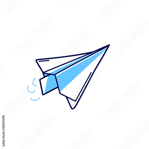 Blue Outline Paper Airplane Vector Icon with Motion Lines, Origami Style Minimalist Doodle Drawing for Communication and Travel Concepts