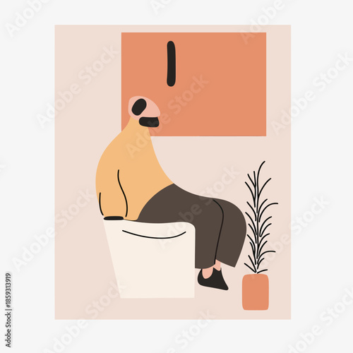 Minimalist flat vector illustration of man sitting on toilet in bathroom with plant and window abstract design silhouette style simple colors