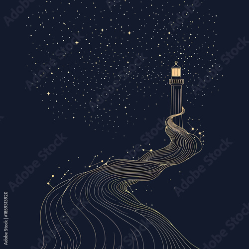 Abstract lighthouse with flowing constellation lines and starry night sky celestial navigation concept vector illustration in minimalist style