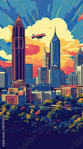 Colorful minimalist vector illustration of Atlanta city skyline with prominent skyscrapers and airplane flying over urban landscape at sunset sky