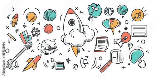 Hand drawn doodle rocket launch with space elements paper documents and communication icons in colorful minimalist vector sketch style