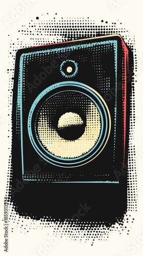 Vintage style halftone dotted retro speaker illustration with grunge effect isolated on light background for music and audio design element