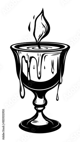 Melting candle with flame inside ornate goblet cup black and white line art minimalist vector illustration with wax drips and decorative pedestal base
