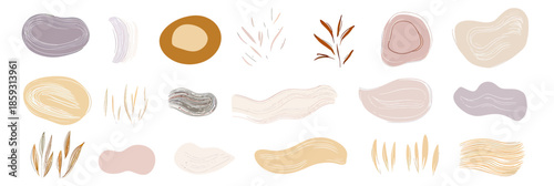 Set of abstract organic pastel shapes and hand drawn natural elements with beige, brown, cream, and gray tones for minimalist backgrounds and design accents