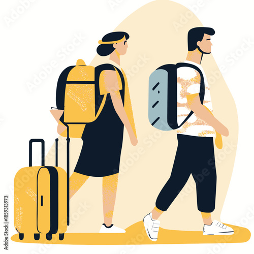 Minimalist vector illustration of young travelers walking with backpacks and rolling suitcases, casual travel lifestyle concept, flat design style