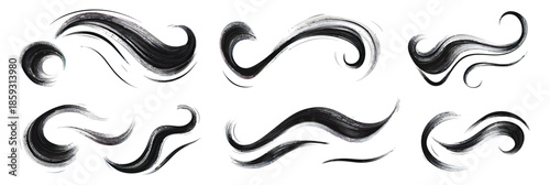 Abstract black brush stroke swirls set with smooth curly ink wave lines and flowing hand drawn artistic paint elements for design and decoration vector illustration
