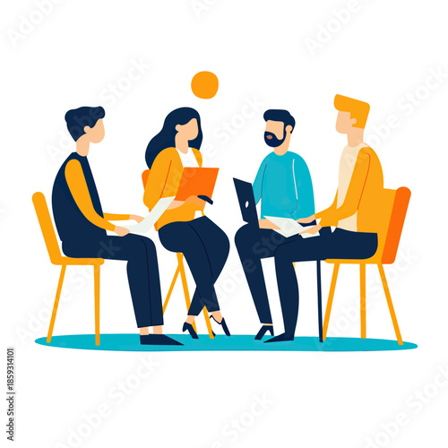 Group of diverse business people sitting in circle having discussion with laptops and documents flat vector illustration teamwork meeting concept