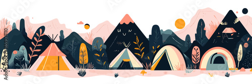 Minimalist flat vector illustration of colorful camping tents in scenic forest with mountains and trees landscape outdoor travel adventure concept banner