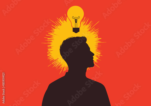 Silhouette of man with glowing light bulb above head bright idea concept creativity innovation illustration on red background