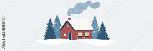 Red wooden cabin house with chimney smoke surrounded by snow covered pine trees winter landscape flat minimalistic vector illustration