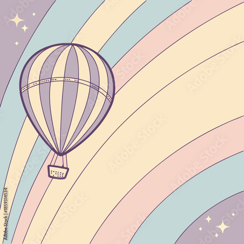 Colorful vector illustration of a hot air balloon flying high in a sky background with abstract circles for a fun travel and transport adventure design