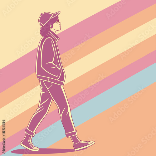 Fashionable slim lady in a pink dress dancing on the beach featuring a black silhouette vector illustration with high heels and elegant hair style