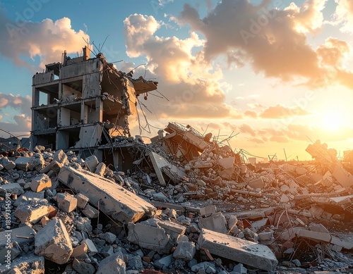 A skeletal structure stands amidst rubble and debris against a dramatic sunset, telling a story of destruction and the passage of time.