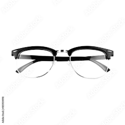 Black and white halftone illustration of eyeglasses. Minimal symbol of vision, eyesight, reading, education, intelligence, and eye care, isolated on white background.