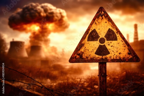 A rusted sign with a radioactive symbol on it is standing in a field