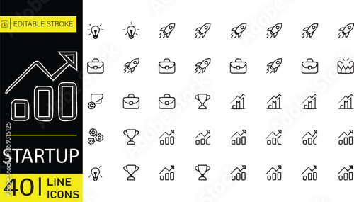 A collection of 40 editable stroke line icons. These icons are organized in a grid format, with each icon representing different concepts related to startups and business