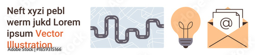 Navigation, innovation, ideas, email communication, business tools, technology. Map route, light bulb and email envelope icon. Navigation and innovation in modern technology concept