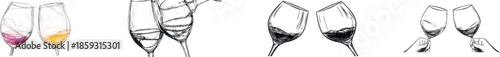 A modern illustration in a one-line doodle style features a continuous line drawing of two glasses of red wine, a champagne toast, and cheers, with a simple linear style and an editable stroke menu