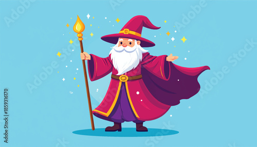 Cartoon Wizard with Staff Casting Spell in Vibrant Colors.