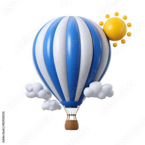 3d illustration of blue and white striped hot air balloon isolated on transparent background