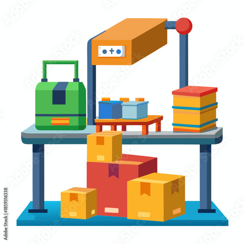 Warehouse Packing Table with Boxes and Equipment Illustration