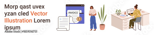 Accounting, finance, office workflow, billing systems, work productivity, administration. Digital invoice, a woman calculating and an office desk scene. Accounting and finance concept