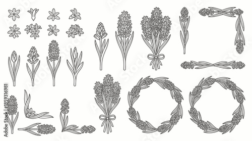 Black and white floral illustrations set. Spring Vector Packs. EPS Editable