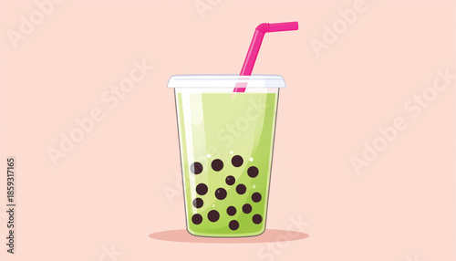 Refreshing Matcha Bubble Tea with Tapioca Pearls and Pink Straw.