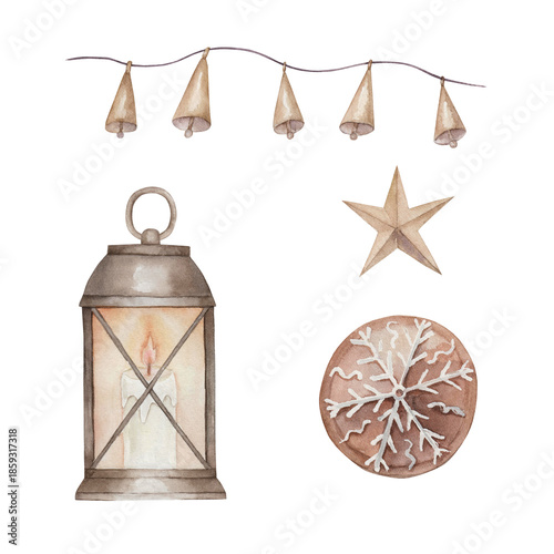 Watercolor Christmas decoration collection. Winter set with lamp, garland, lanterns. Hand drawn isolated  illustration  white background