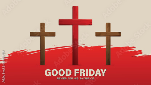 Good Friday Illustration with Three Crosses and Red Splash