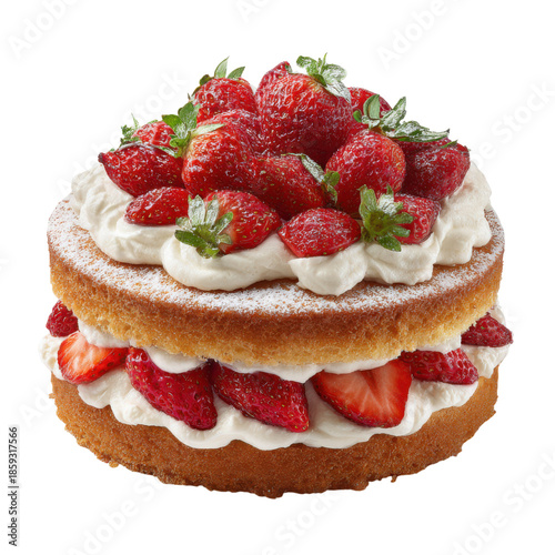 3d illustration of strawberry sponge cake with cream and fresh fruit, isolated on transparent background
