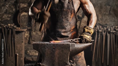 Intense cinematic close-up shot of hot steel being hammered repeatedly on an anvil, creating sparks and dramatic smoke during the forging process industry, warfare, industrial