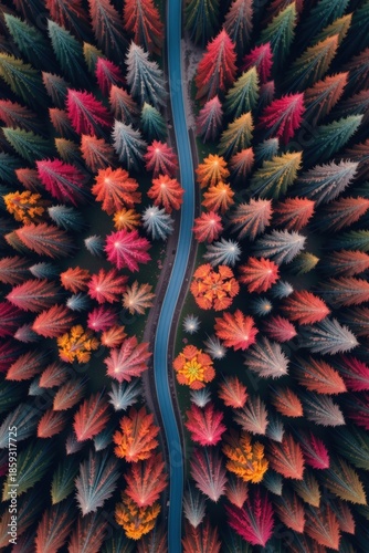 Aerial view of a winding road surrounded by vibrant autumn foliage, showcasing a stunning blend of orange, red, and green trees.