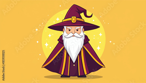 Cartoon Wizard with Pointed Hat and Long White Beard.