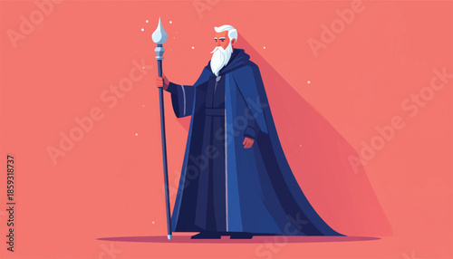 Illustration of a Wizard with a Staff and Long Beard.
