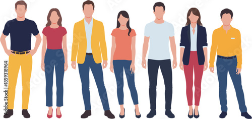 Illustration of diverse people standing side by side in casual and semi‑formal clothing, multicultural workplace attire and fashion diversity