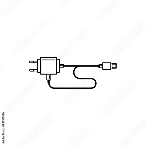 Minimalist black and white line art depicting a common electronic device charger, featuring a wall plug and USB cable, representing essential power delivery and connectivity for modern gadgets