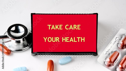 Imagery illustrates the importance of well being. A bright red placard reads Take Care Your Health surrounded by medical equipment and pills on a white background