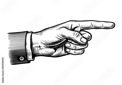 Vintage Engraved Illustration of a Hand Pointing to the Right, a Classic Symbol of Direction and Indication