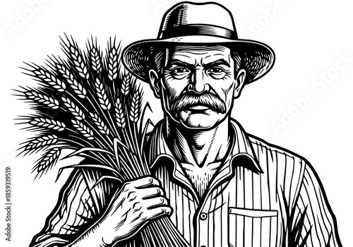 Illustrative Black and White Portrait of a Farmer Holding a Sheaf of Wheat, Evoking Heritage and Agriculture