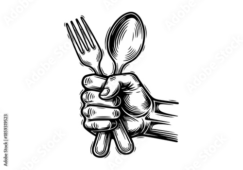 Illustration of a clenched fist holding a fork and spoon, symbolizing power over food and dining experiences