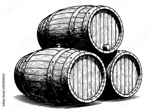 Three stacked wooden barrels, perfect for wine or whiskey storage, representing tradition and craftsmanship