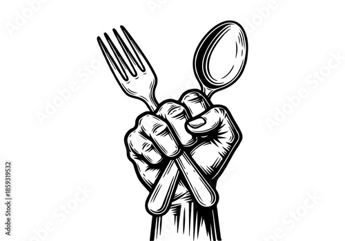 Fist holding crossed fork and spoon illustration, representing food and dining, creative concept artwork
