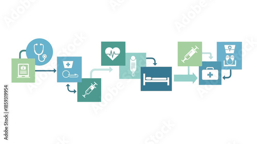 Medical treatment process with healthcare icons and symbols