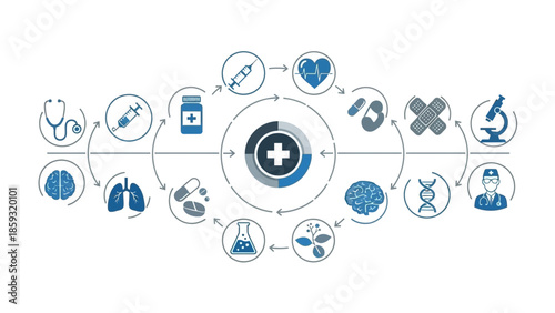 Medical icons and symbols in a circular flowchart pattern