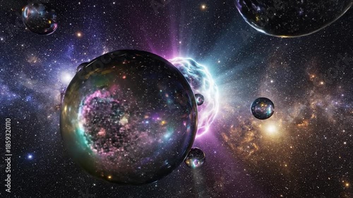 Slow moving iridescent glass spheres orbit a glowing abstract celestial body against a deep cosmic background science fiction, motion graphics, smooth motion