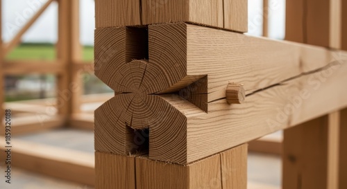 Detailed perspective of a mortise and tenon joint system in heavy timber construction showing wood fibers and joint fit precision.