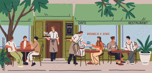 Outdoor cafe terrace. People sitting at dining tables with coffee outside. Happy friends, couple, dog, waiter in modern European city street, summer leisure in open air. Flat vector illustration