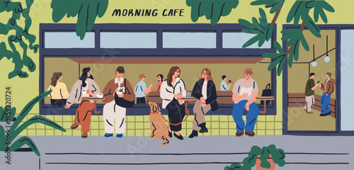 Outdoor cafe terrace. People sitting outside at dining tables, drinking, talking in morning. Modern men and women relaxing in cozy urban coffee shop at leisure time. Flat vector illustration